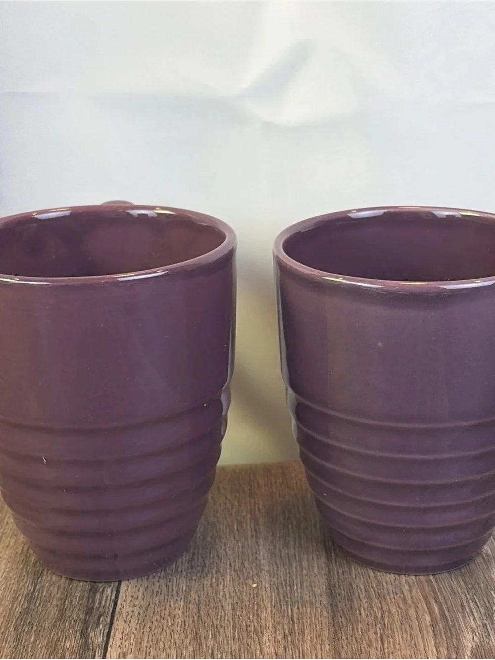 Set of 2 Pier 1 One Imports Grape Purple Ribbed Stone Ware Coffee Cups Mugs